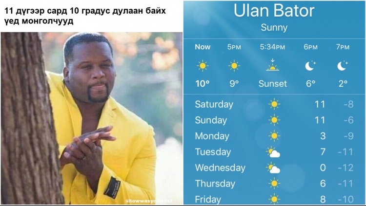 Улаанбаатарт амралтын өдрүүдээр 10 гаруй градус ДУЛААН байна